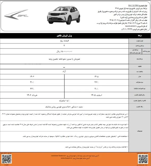 شرایط پیش‌فروش BAC X3 PRO